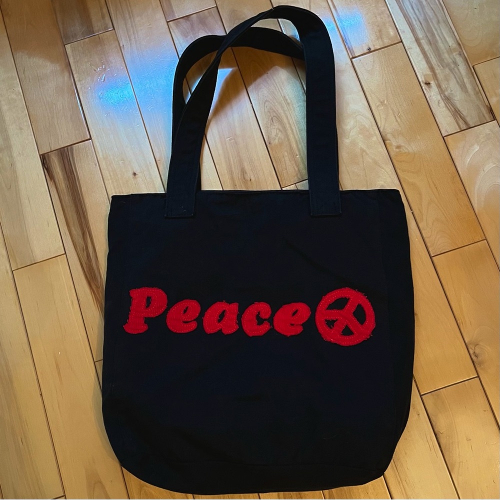Black Cotton Denim “Peace” Tote Bag-17” L x 15” W
